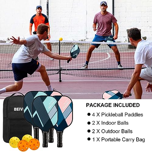 Pickleball Paddles, USAPA Fiberglass Pickleball Paddles Set of 4, Pickleball Set with 4 Pickleball Rackets, Including 4 Pickleballs & 1 Carry Bag, Pickle Ball Paddles Set for Men, Women - color: 3.Rosepink&Lightgreen-set of 4