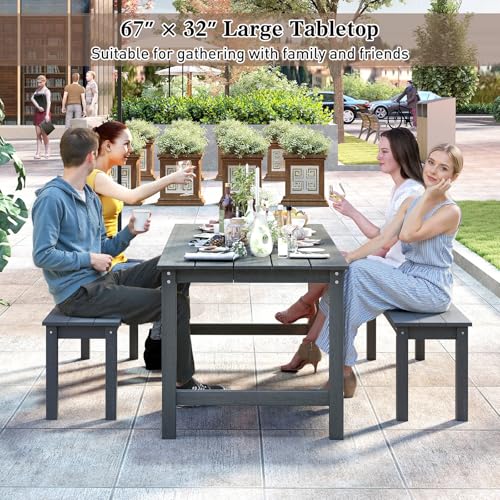 Tangkula 3 Pieces Outdoor HDPE Dining Table Set with 2 Benches, Weather Resistant Patio Furniture Set with 1.77” Umbrella Hole and Wood-Like Surface for Garden, Backyard and Poolside (Gray, 3 Pcs) - color: Grey, size: 3 Pcs
