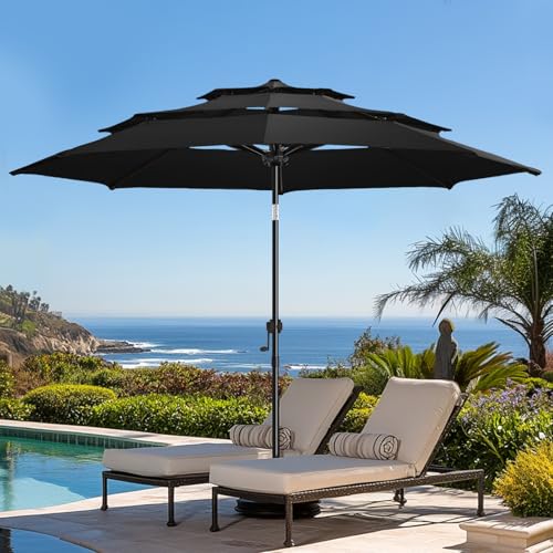 wikiwiki 9ft 3-Tier Patio Umbrella Outdoor Table Market Umbrella for Patio with Push Button Tilt/Crank, Fade Resistant Waterproof POLYESTER Canopy for Garden, Lawn, Deck, Backyard & Pool, Black - color: Black, size: 9 FT