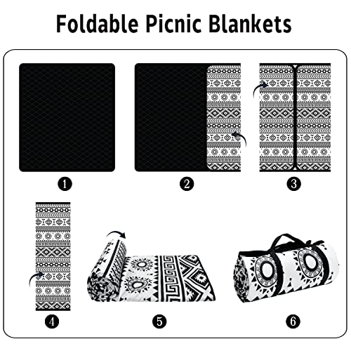 Supfitness Extra Large Picnic Blankets Waterproof Foldable (80 "x 80") Beach Blanket Waterproof Sandproof,3-Layer Thicking Mat Outdoor Packable Camping Blanket(Bohemian) - color: Black and White, size: 6'8" x 6'8" (Square)
