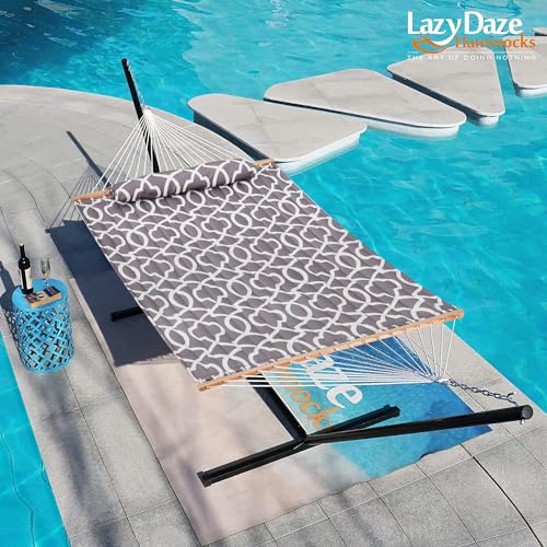 Lazy Daze Hammocks 12FT Quilted Fabric Hammock with Soft Pillow, Double 2 Person Tree Hammock with Spreader Bar for Outdoor Outside Patio Garden Yard, 450lbs Weight Capacity - color: Floral Gray