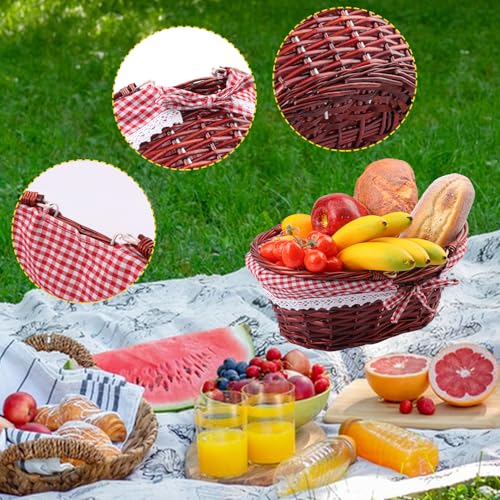 2 Pack 12.6 Inch Brown Wicker Basket with Checkered Lining, Oval Wicker Woven Basket with Handle, Willow Woven Picnic Baskets for Picnic, Camping, Party(Small) - size: 2 Pack 12.6in Brown