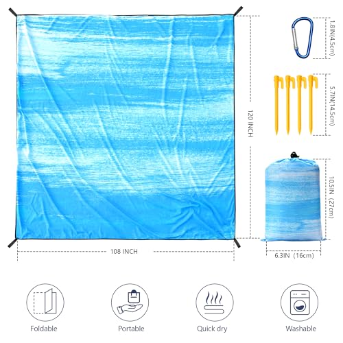 WIWIGO Beach Blanket Waterproof Sandproof Beach Mat 79" X 83"/10'x9'for 2-8 Adults Quick Drying Outdoor Picnic Mat Beach Accessories for Travel, Camping, Hiking - color: Blue-green Tinted Gradation, size: 120" X 108"（1-8person）