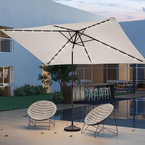 Rectangle Patio Umbrella with Solar Lights, 10 x 6.5ft Rectangular Outdoor Umbrella Table Market Patio Umbrella with Push Button Tilt and Crank for Garden, Deck, Backyard, Pool - color: Beige