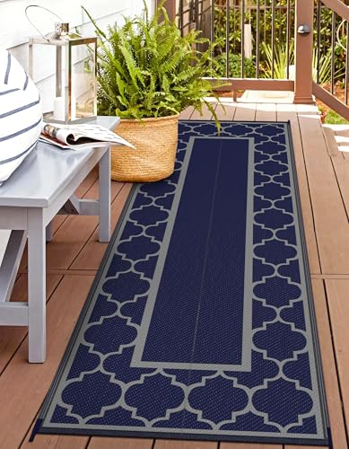 GENIMO 2.5 ' x 8 ' Outdoor Rug for Porch Patio Clearance, Waterproof Indoor Outdoor Plastic Straw Rugs Carpet, Reversible Outside Area Rv Mat for Camping, Balcony, Deck, Picnic, Beach (Blue & Gray) - color: Blue & Grey, size: 2'6" x 8' (Runner)