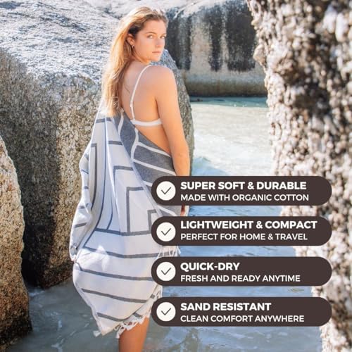 FESHKA Sand Proof Turkish Beach Towel – Oversized, Quick Dry & Lightweight Travel Towel - 100% Organic Cotton Beach Blanket - Perfect for Bath, Pool & Picnic | Explorer (Dark Navy) - color: 16 - Dark Navy