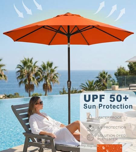 PatioKingdom Auto-Tilt 9FT Patio Umbrella Outdoor with 8 Sturdy Fiberglass Ribs,Market Table Umbrella for Pool,Backyard,Deck and Garden - color: Orange, size: 9FT
