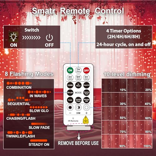 HXWEIYE 300LED Fairy Curtain Lights, 9.8x9.8Ft USB Plug-in 8 Modes Christmas String Hanging Lights with Remote for Bedroom Backdrop Wedding Indoor Wall Decor, Red, Standard – 1 Pack - color: Red, size: Standard – 1 Pack