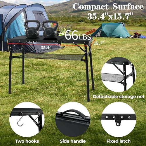 Folding Camping Table with Storage Net,3ft Portable Aluminum Folding Table with 3 Adjustable Height Max 27.3 Inch for Outdoor Backyard BBQ Picnic Cooking Tents Beach Indoor Bedroom（Black） - color: Black