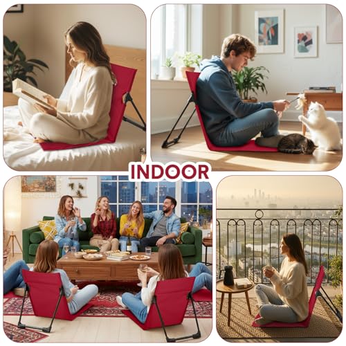 Jetec Foldable Floor Backrest Chair Portable Camping Chair with Storage Bag Light Weight Lazy Seat for Indoor Outdoor Bed Ground Park Lawn Concerts Beach Hiking - color: Red, size: Regular