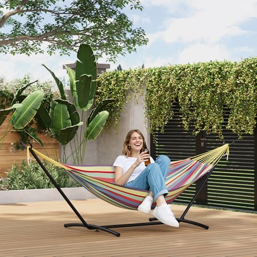 TrailBlaze Double Hammock with Stand, Heavy Duty Portable Steel Hammock Set for Outdoor and Indoor Use, 500lb Capacity, Includes Carrying Bag, Space Saving Design,Quick Assembly - color: Yellow Rainbow Stripes