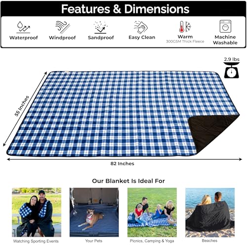 BRAWNTIDE Large Outdoor Waterproof Blanket - Extra Thick Fleece, Warm, Windproof, Sandproof, Quilted, 82" x 55", Ideal for Beaches, Picnics, Camping, Stadiums, Dogs, Car - color: Plaid Blue