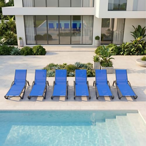 Patio Chaise Lounge Chairs Set of 6, All-Weather Aluminum Pool Loungers for Outside, 5-Position Adjustable Sunbathing Chairs for Tanning, Stackable for Backyard, Poolside, Cobalt Blue - color: Cobalt Blue, size: Set of 6