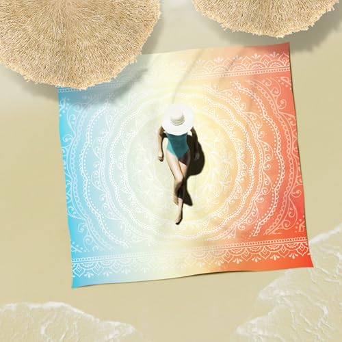 Sunlit Silky Soft Sand Proof Beach Blanket 106"x81" / 85"x72" Sand Proof Mat with Corner Pockets and Mesh Bag for Beach Party, Travel, Camping and Outdoor Music Festival, Mandala - color: Orange Blue, size: 120"x108"