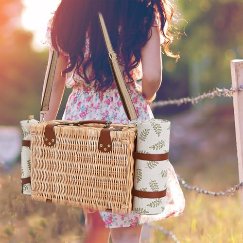 Picnic Basket with Blanket and Wine Pouch for 4, Wicker Picnic Set with Insulated Liner Cooler Bag Hamper for Camping,Wedding - Leaf - color: Leaf With Blanket for 4