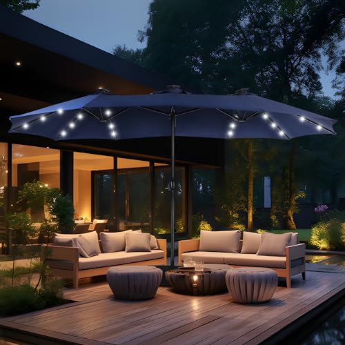 MFSTUDIO 15ft Double Sided Patio Umbrella with Solar Lights, Outdoor Large Umbrellas with Crank Handle and 36 LED Lights, Rectangular Market Umbrella with Base Included for Deck Pool Shade, Navy Blue - color: Navy Blue