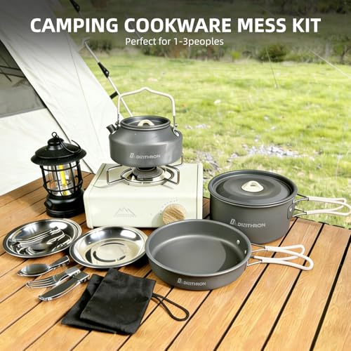 13-Piece Camping Cookware Set with Anti-Scald Silicone Handles, Lightweight Non-Stick Aluminum Pots and Pans, Compact Mess Kit for Backpacking & Survival