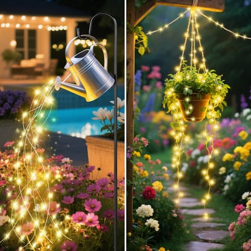 ANGMLN Solar Fairy String Lights Outside, 10 Strand 200 LEDs 8 Modes Watering Can Light for Outdoor（No Can）, Firefly Bunch Lights Waterproof Solar Powered Waterfall Lights for Garden Decor - style: Waterfall String Lights Warm White