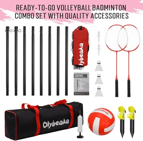20ft Outdoor Volleyball & Badminton Combo Net Set for Backyard Beach with Adjustable Poles, Durable Anti-Sag Net, PU Volleyball, 2 Aluminum Rackets - color: Red