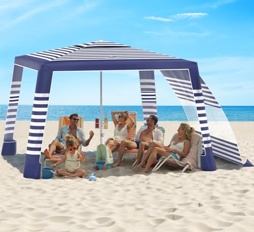 Rhino Valley Beach Cabana, 8 * 8FT Beach Tent UPF50+ Protection, Easy Setup Beach Canopy Wind Resistant with Cup Holder, Compact Beach Shade Foldable Beach Tent Sun Shelter, Blue Stripes - color: Blue Stripes