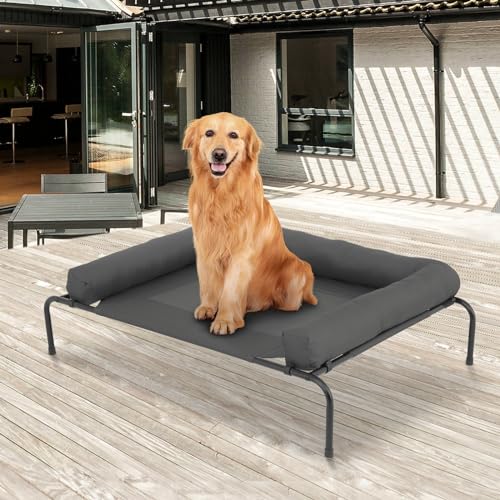 MoNiBloom Outdoor Elevated Dog Bed w/Removable Bolster, Portable Raised Outdoor Dog Bed with Stable Anti-Slip Feet & Breathable Mesh, 48 Inches Length, Dark Gray - color: Dark Gray, size: 48"L