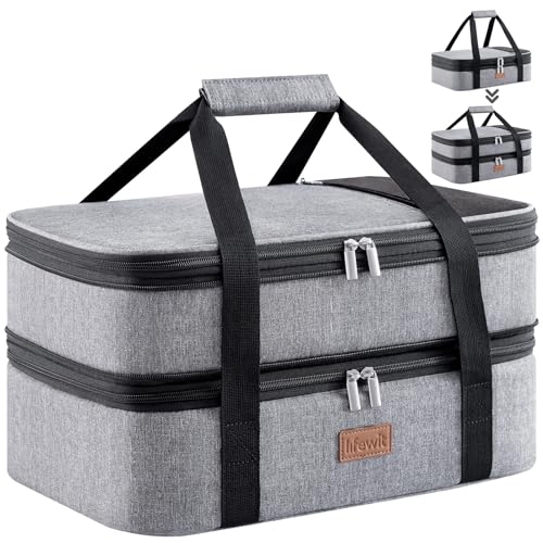 Lifewit Insulated Double Decker Casserole Carrier, Expandable Lasagna Lugger Tote Bag for Hot or Cold Food, Fits 9" x 13" Baking Dish for Potluck Parties, Picnic and Cookouts, Grey - color: Grey