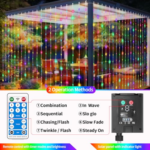 Solar Curtain Lights Outdoor 10 x 10Ft 300LED Waterproof Waterfall Light with 8 Modes Remote USB Rechargeable Dimmable Timer Twinkle Fairy String Lights for Outdoor Christmas Gazebo Wedding Pergola - color: 300LED Multicolor