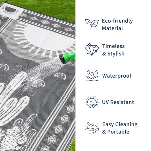Garvee Waterproof Outdoor Rug 5x8, Cactus Botanical Outdoor Plastic Straw Rug for Camping, Reversible RV Mat Outside, Indoor Outdoor Carpet for Porch, Deck, Backyard, Balcony, Picnic, Grey - color: Grey & White-cactus, size: 5' x 8' (Rectangular)