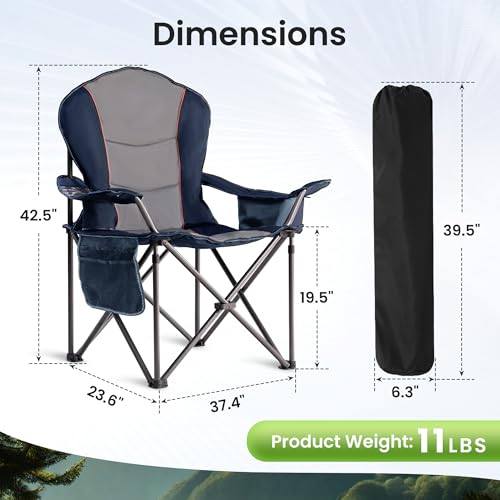 2 Pack Folding Camping Chairs for Adults - High Back Padded Outdoor Lawn Chairs with Lumbar Support & Cup Holder, 500lbs Heavy Duty Portable Camping Chairs Set (Blue & Gray, 2 PCS) - color: Blue & Gray, size: 2 PCS