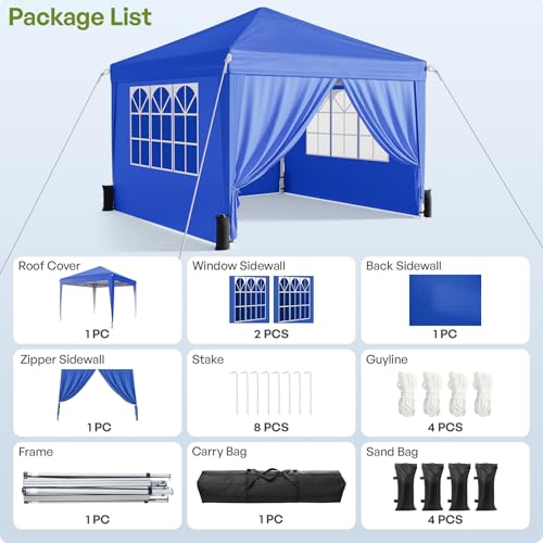 10x10 Pop Up Canopy with Sidewalls, Instant Portable Canopy Tent with Carry Bag for Commercial Events, Camping, Parties - Blue - color: Blue