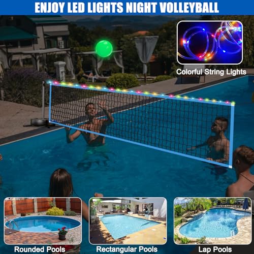 Pool Volleyball Net with Light - Portable Outdoor LED Volleyball Net with 2 Glowing Balls and Weighted Bases, Swimming Pool Sports Game Set, Adjustable Length 15-30FT for Inground Pools