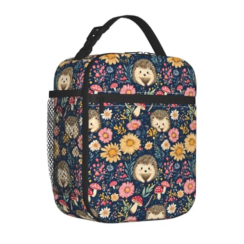 Reusable Hedgehog and Floral Lunch Box for Kids Girls Boys Women Adult, Insulated Cute Woodland Lunch Bag,Polyester Cooler Handbags Case for School Picnic Work Travel Beach or Hiking - color: Hedgehog