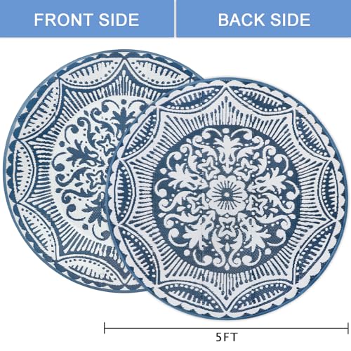 Capslpad 5x5 Floral Outdoor Rug for Patio Clearance Reversible Mat Round Portable Plastic Straw Carpet Waterproof Boho Indoor Outside Area Rugs for RV Camping Picnic Balcony Beach Deck, Blue - color: Blue, size: 5' (Round)