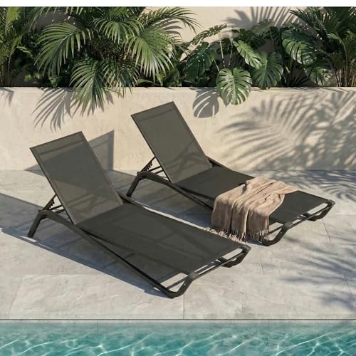 Set of 2 Patio Chaise Lounge Chairs, All-Weather Aluminum Pool Loungers for Outside, 5-Position Adjustable Sunbathing Chair for Deck, Backyard & Poolside, Rust-Proof & Stackable, Black - color: Black, size: Set of 2