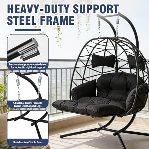 Double Egg Swing Chair with Stand, Oversized 2-Person Indoor Outdoor Hanging Hammock Chairs with Cushion, Wide and Large Comfy Loveseat, Sturdy Porch Swings for Bedroom, Balcony, Garden (Black)