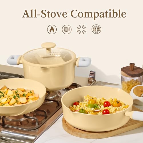 CAROTE Pots and Pans Set Nonstick, Ceramic Cookware Set, Yellow Cooking Set Kitchen Induction Set with Steamer, PFAS PTFE Free,9 Piece - color: Yellow, size: Stockpot