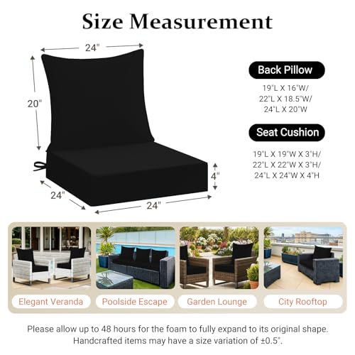 downluxe 24x24 Outdoor Chair Cushions, Waterproof Fade Resistant Patio Furniture Cushions with Handle & Removable Cover, Deep Seat Outdoor Cushions for Sofa, Couch and Patio Chairs, Black - color: Black, size: 24 x 24 Inch
