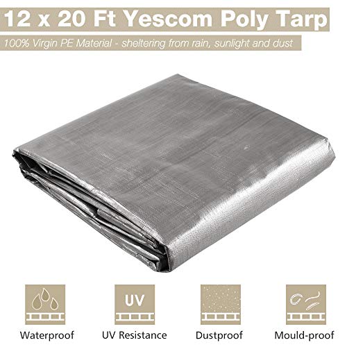 Yescom 12x20FT 14-Mil Plastic Tarp Waterproof Heavy Duty Tarpaulin with Eyelets Reversible Tear Resistant Furniture Covers Painting Camping Roof - color: 14mil-1pc-silver, size: 12X20 Ft