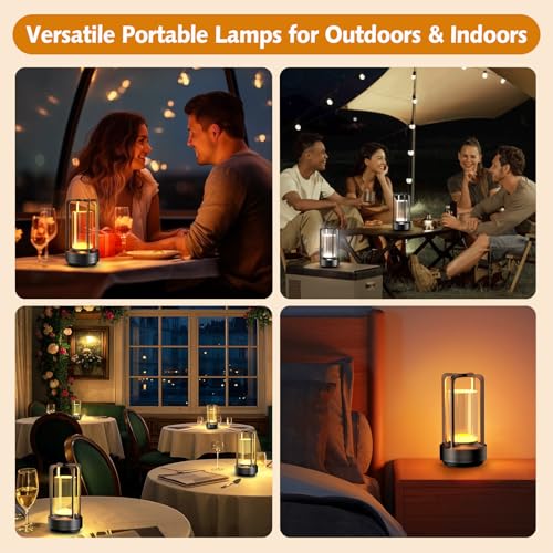 Portable Table Lamp for Outdoor Indoor: Cordless Rechargeable Desk Lamp with 3 Color Stepless Dimmable - Metal Battery Operated Lantern Light for Bedroom/Bar/Coffee Shop/Camping (Black) - color: Black