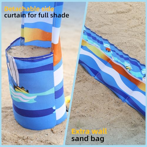 Jihfmo Beach Cabana, 6.2'×6.2' Beach Canopy with Side Wall, UPF 50+ UV Protection Easy Setup Tent Sun Shelter with Sand Pockets for Whole Family(Summer Sailboat) - color: Summer Sailboat