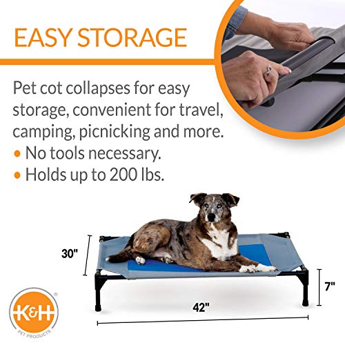 K&H Pet Products Coolin' Pet Cot, Outdoor Cooling Elevated Dog Cot for Large Dogs, Raised Bed with Cool-Core Center, Portable Pet Platform with Heavy-Duty Metal Frame - Large Gray/Blue - size: Large, style: Cooling Cot