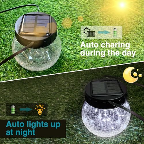 Kolpop Solar Lanterns Outdoor Waterproof 2 Pack, Hanging Solar Lights with 30 LED, Cracked Glass Hanging Globes for Garden Patio Fence Yard Christmas Tree Decoration, Cold White - color: Cold White, size: 2 Pack