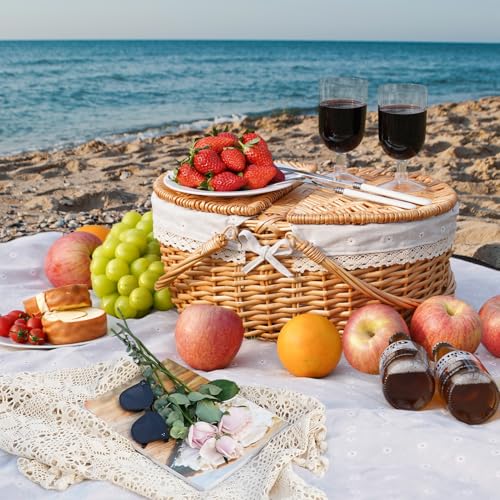 Happypicnic Wicker Picnic Basket with Handle, 15" Large Empty Picnic Basket with Lid & Removable Liner, Vintage Hand Woven Basket for Picnics, Camping, Veg Picking, Mother'S Day, Thanksgiving (Flower) - color: White Flower, size: Large