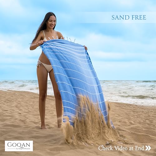 GOQAN Turkish Beach Towel Oversized 39x71 | Thin, Lightweight, 100% Cotton and Sand Free Towel is Suitable for Beach, Bathroom, Pool, Travel, Swim, Gift - Azure - color: Azure, style: Lucky