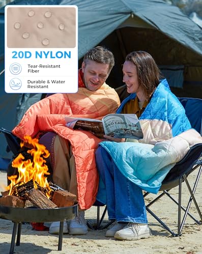 ingCamp Ultralight Camping Blanket, Packable Down Alternative Puffy Printed Wearable Blanket with Snap Buttons & Corner Loops Weatherproof Quilt for Outdoor Travel Stadium (78.7" x 57.1", Cyan/Orange) - color: Scenictrail-cyan/Orange, size: 79" x 57"