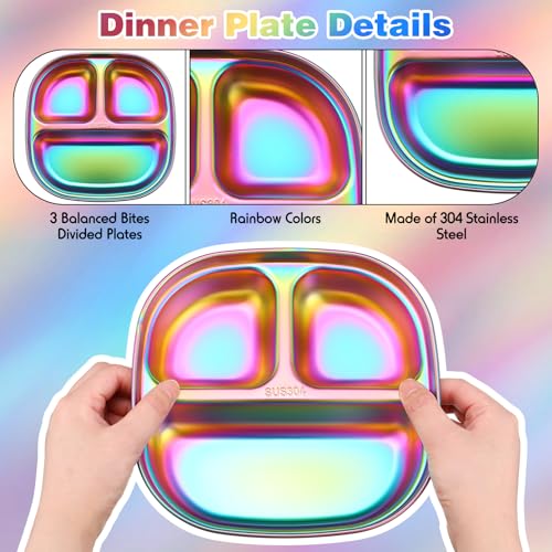 Tioncy 15 Pcs Stainless Steel Kids Dinner Set, Bowls, Balanced Bites Divided Plates, Cups, Spoons and Forks, Stainless Steel Lunch Plates Dinnerware Set for Kids Toddlers (Classic) - style: Classic