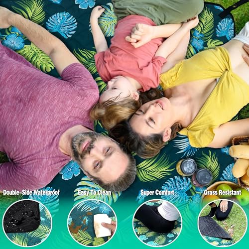 PY SUPER MODE Picnic Blankets Extra Large with Pergola, Green Flowers Waterproof Foldable Outdoor Beach Blanket Oversized 83x79” Sandproof, 3-Layer Picnic Mat for Camping, Hiking, Travel, Park - color: Green