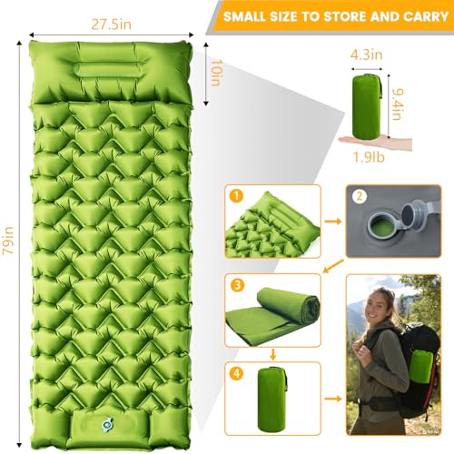 Ultralight Camping Sleeping Pad with Built-in Pillow & Foot Pump, Compact Inflatable Air Mattress for Backpacking, Hiking, Tent, Travel Camp & Outdoor Adventures - color: Green+grey