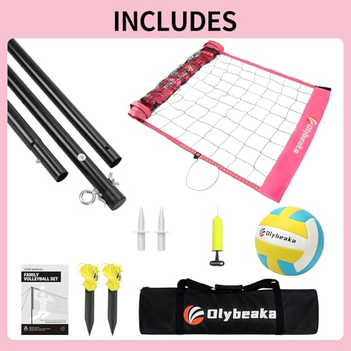 20FT Outdoor Volleyball Net Set System for Backyard Beach with Anti-Sagging Net, Iron Adjustable Height Poles, Soft PU Volleyball and Pump, Carry Bag - Instant Set Up & Durable - color: Pink