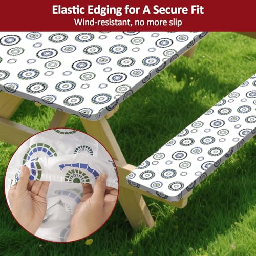 6ft Picnic Table and Bench Cover, Camping Essentials RV Gear, 72 in Waterproof Windproof Outdoor Elastic All Around Tablecloth, Fitted Rectangle Tables and Seats, Blue Flywheel - color: Blue Flywheel, size: 72"